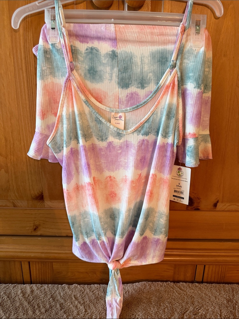 Tie-Dye Tie-Front Women’s Sleep Set - Pastel Multi Size small 4-6. Ruffle shorts